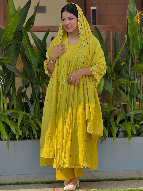 Yellow Floral Embroidered Mal Chanderi 3-Piece Anarkali Kurta Set