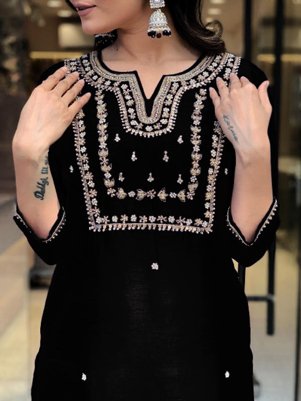 Black Hand Work Roman Silk Kurti With Pant & Dupatta Set