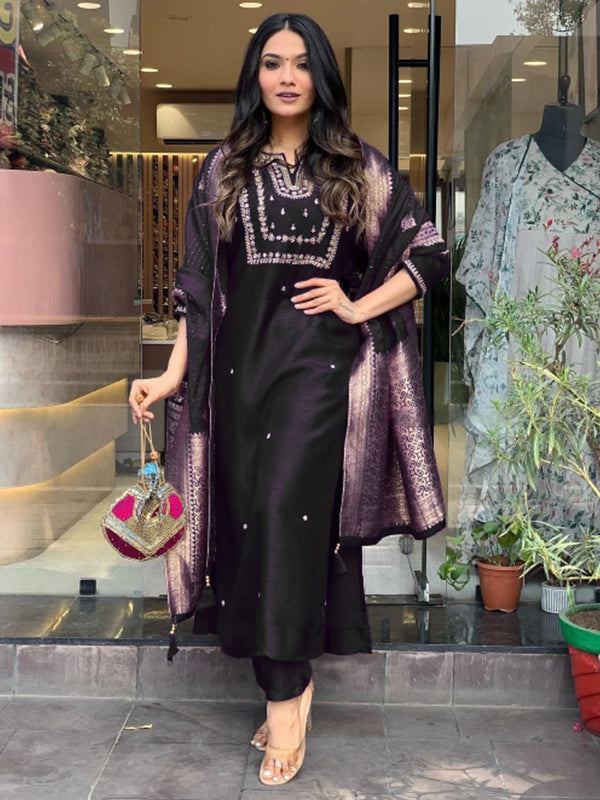 Black Hand Work Roman Silk Kurti With Pant & Dupatta Set