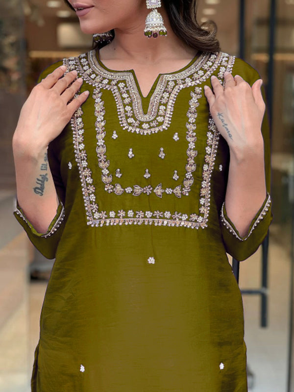 Mehndi Hand Work Roman Silk Kurti With Pant & Dupatta Set
