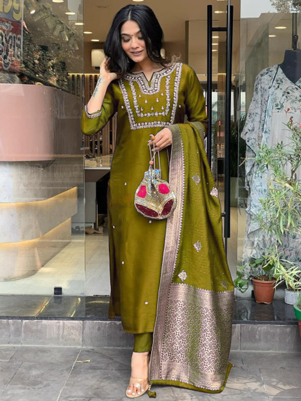 Mehndi Hand Work Roman Silk Kurti With Pant & Dupatta Set