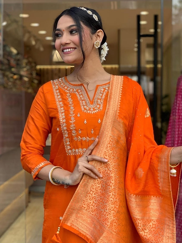 Orange Hand Work Roman Silk Kurti With Pant & Dupatta Set