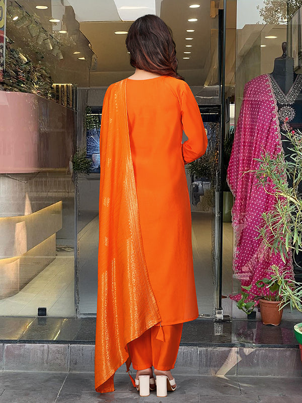 Orange Hand Work Roman Silk Kurti With Pant & Dupatta Set