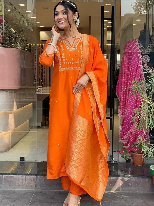 Orange Hand Work Roman Silk Kurti With Pant & Dupatta Set