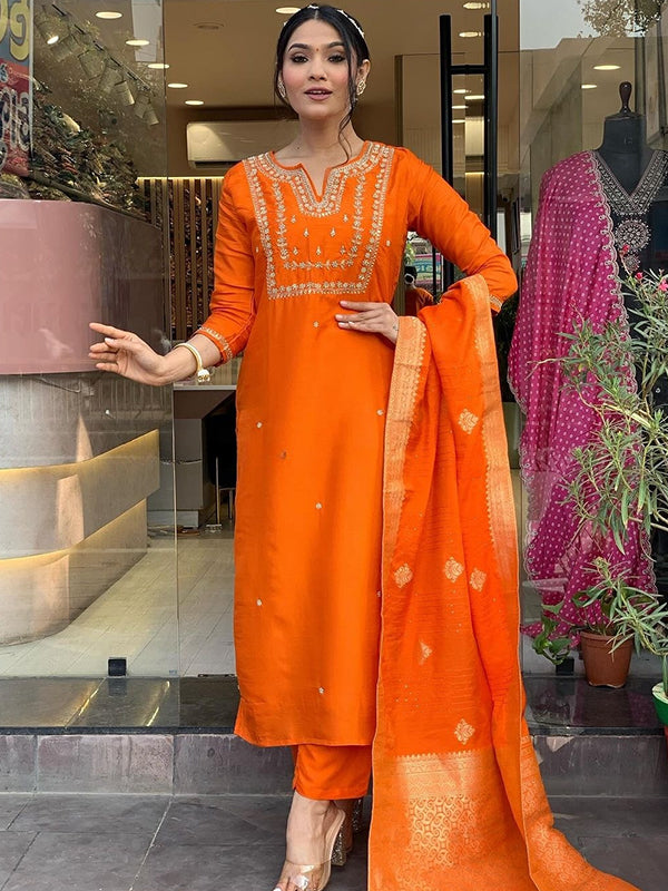 Orange Hand Work Roman Silk Kurti With Pant & Dupatta Set