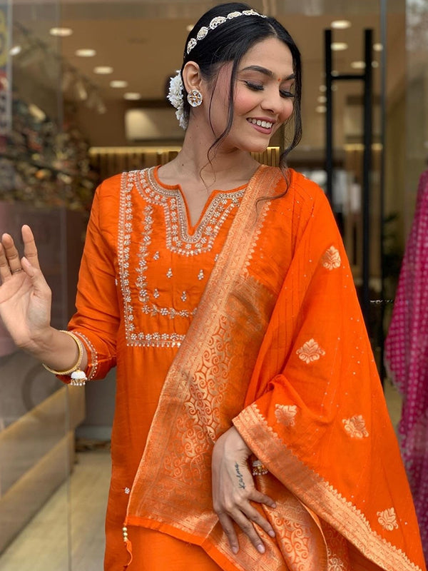 Orange Hand Work Roman Silk Kurti With Pant & Dupatta Set