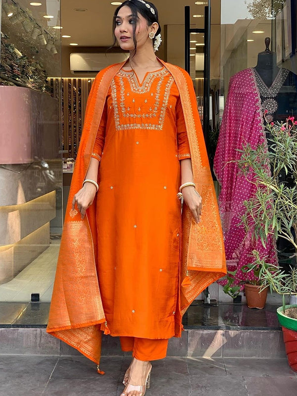 Orange Hand Work Roman Silk Kurti With Pant & Dupatta Set