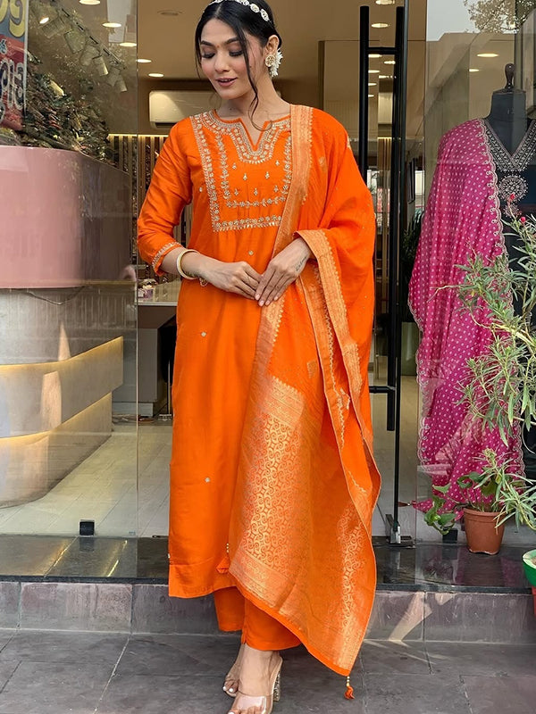 Orange Hand Work Roman Silk Kurti With Pant & Dupatta Set