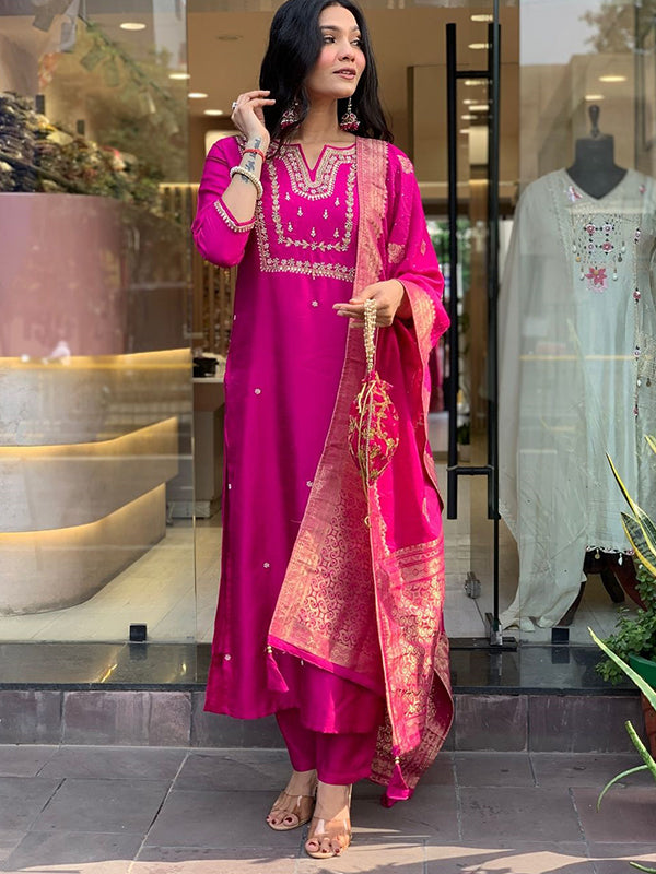 Pink Hand Work Roman Silk Kurti With Pant & Dupatta Set