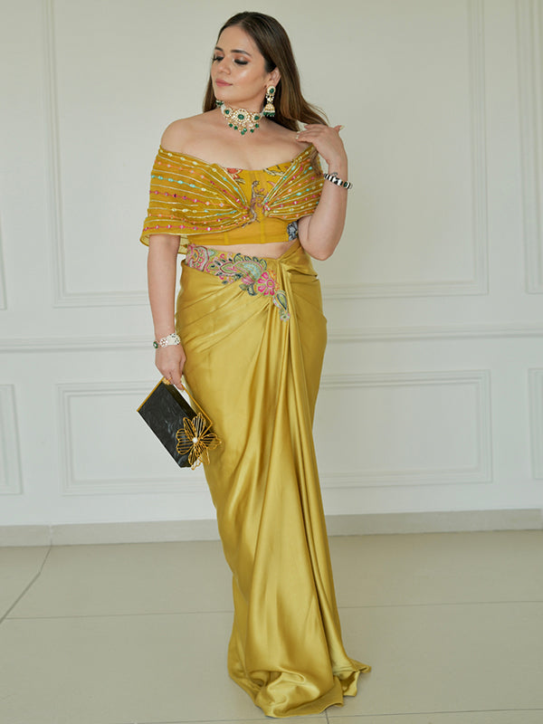 Yellow Albela wrap drape skirt with jacket
