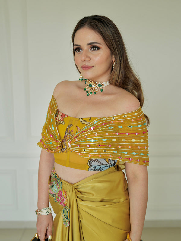 Yellow Albela wrap drape skirt with jacket
