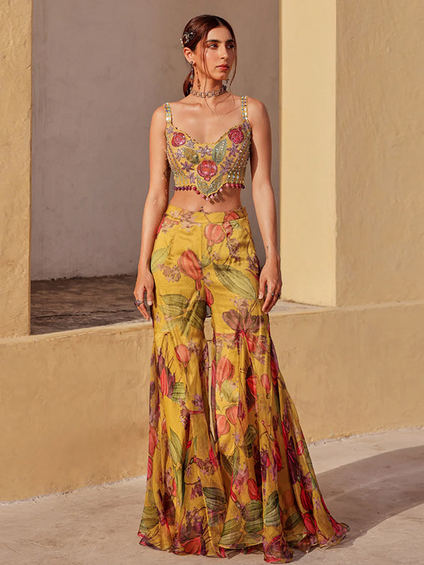 Mustard Yellow Floral Printed Organza Sharara Paired With Embroidered Bralette & Cape