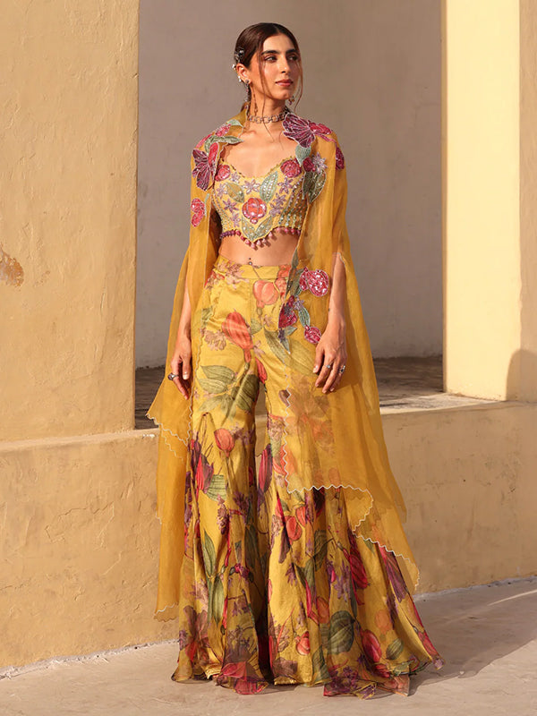 Mustard Yellow Floral Printed Organza Sharara Paired With Embroidered Bralette & Cape