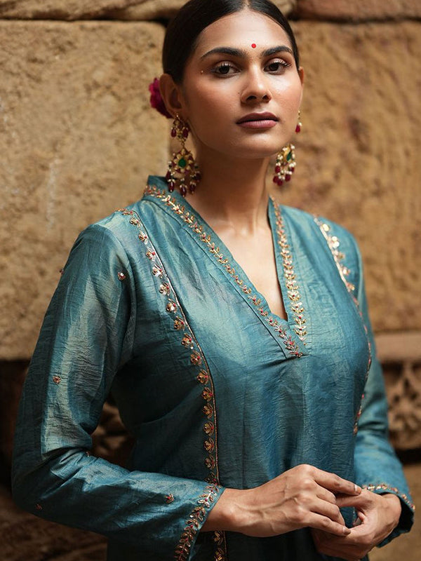 Teal Blue V Neck Embroidered Tissue Silk Suit Set