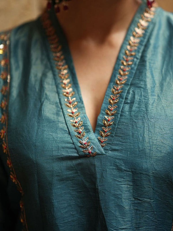 Teal Blue V Neck Embroidered Tissue Silk Suit Set