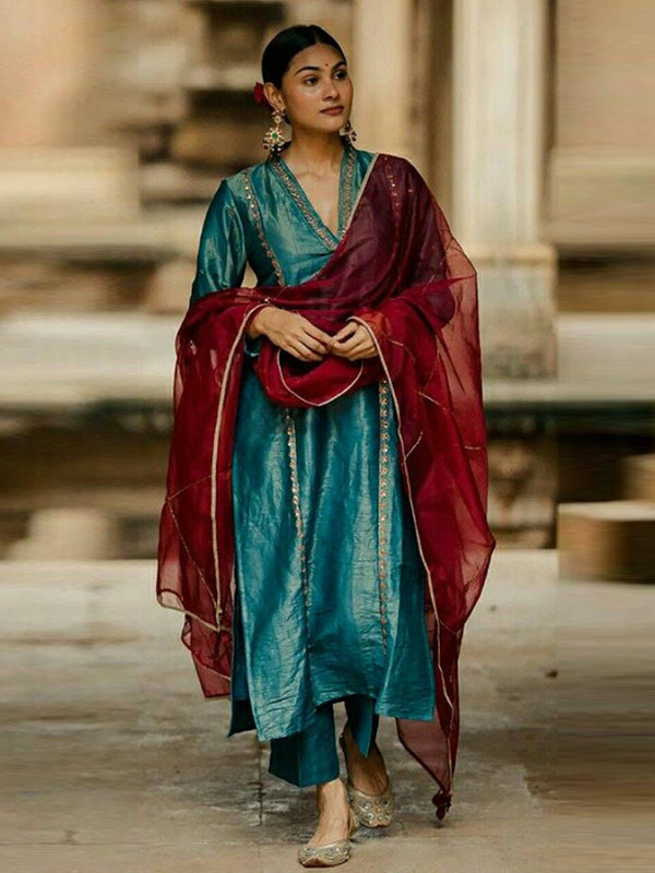 Teal Blue V Neck Embroidered Tissue Silk Suit Set