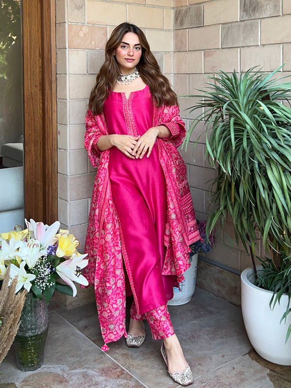 Rani Pink Floral Printed Silk Suit Set