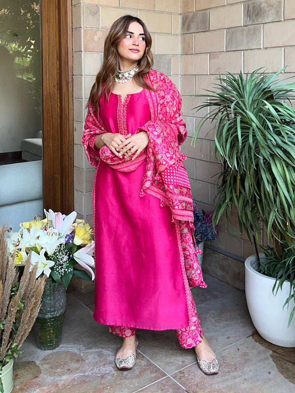 Rani Pink Floral Printed Silk Suit Set