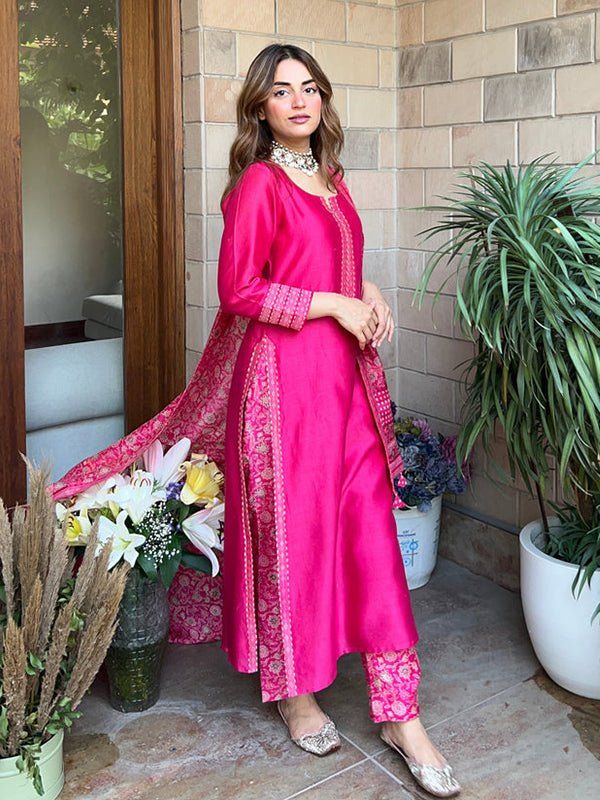 Rani Pink Floral Printed Silk Suit Set