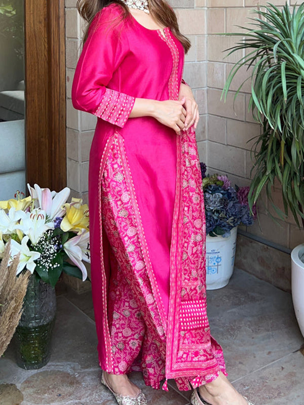 Rani Pink Floral Printed Silk Suit Set