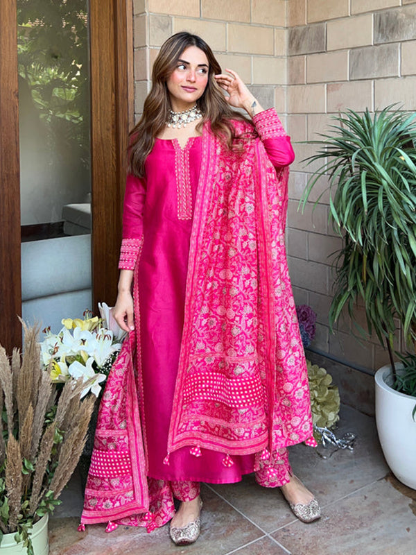 Rani Pink Floral Printed Silk Suit Set