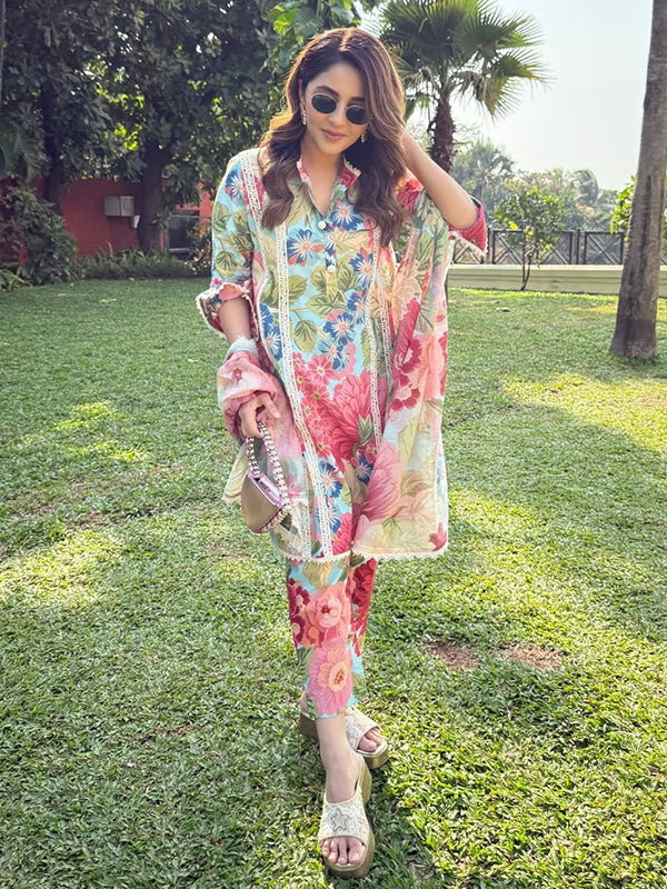 Colorful Floral Printed Co-Ord Set With Dupatta