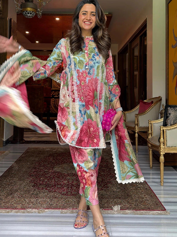 Colorful Floral Printed Co-Ord Set With Dupatta