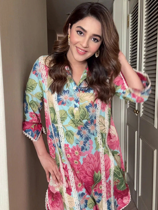 Colorful Floral Printed Co-Ord Set With Dupatta
