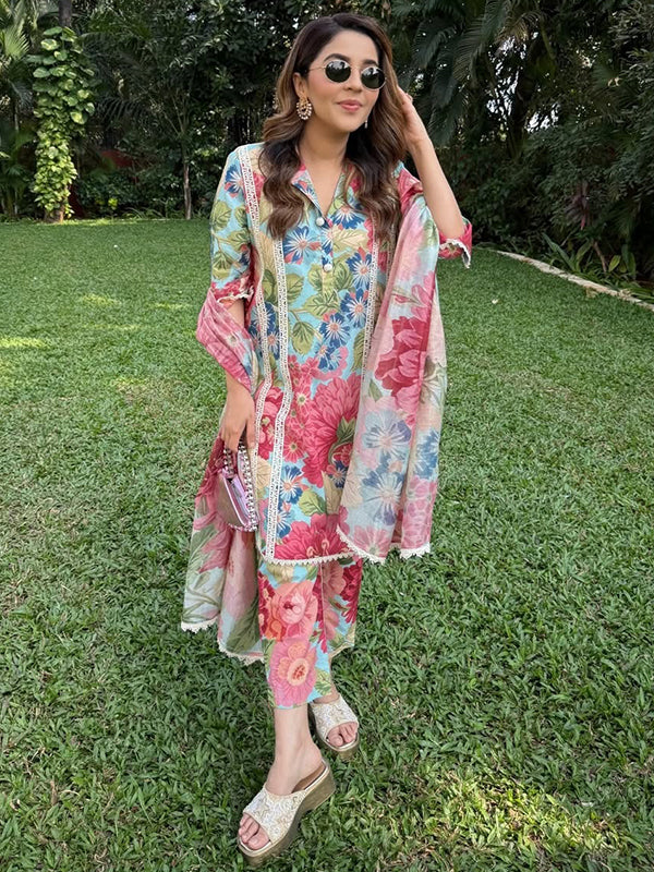 Colorful Floral Printed Co-Ord Set With Dupatta