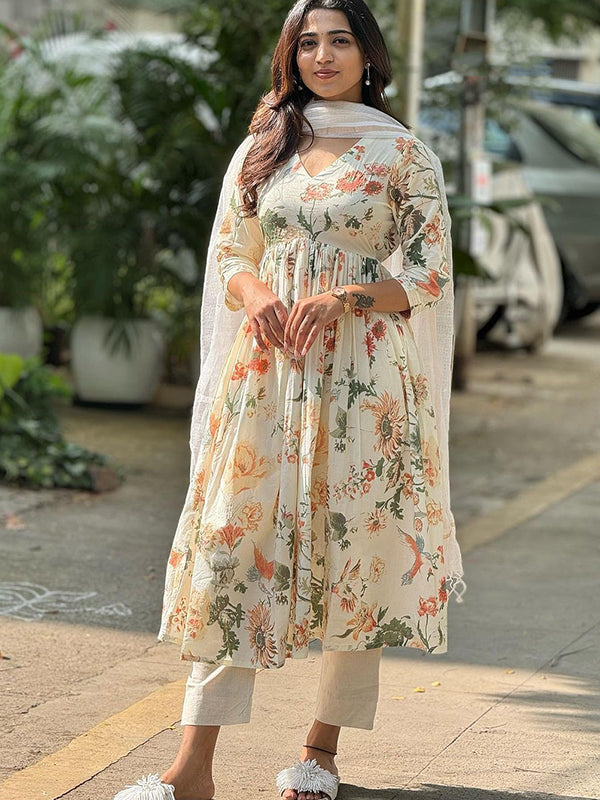 Beige Cotton Floral Printed Kurti With Pant & Dupatta Set