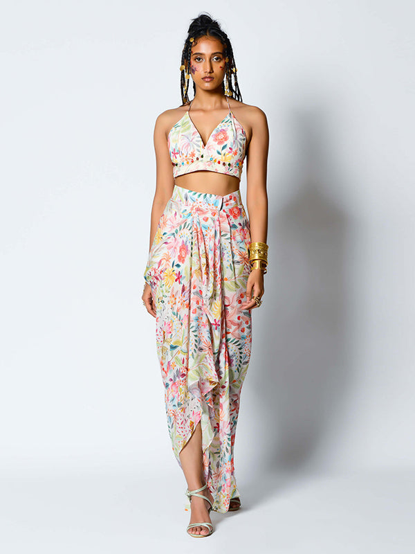 White Dupion Dhoti Set With Cape