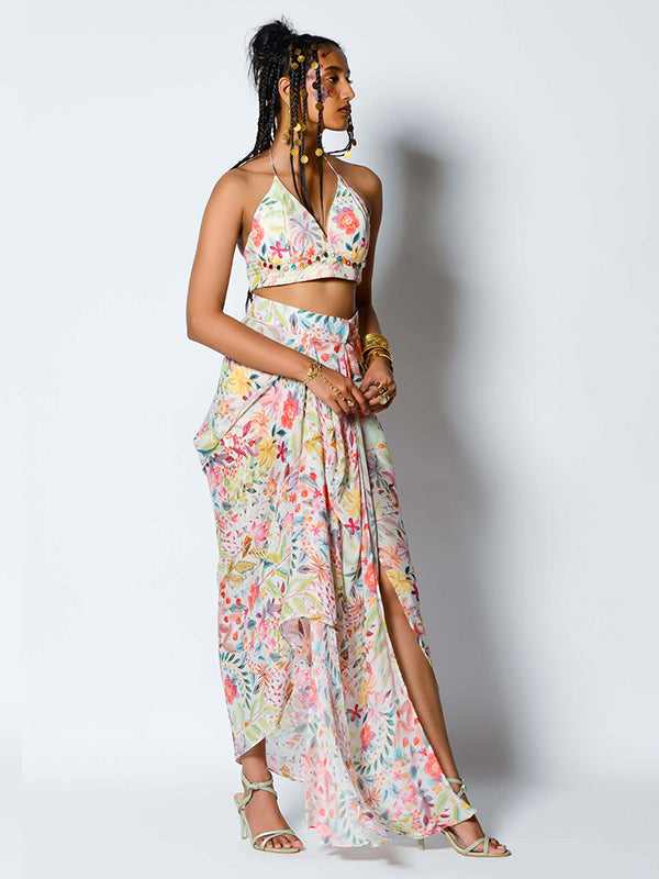 White Dupion Dhoti Set With Cape