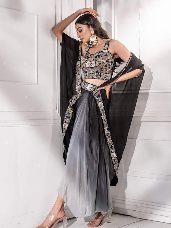 Black Ombre Indo western Draped Dhoti Skirt Set