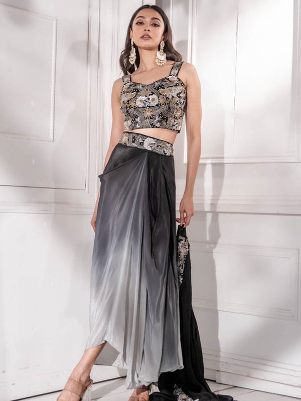 Black Ombre Indo western Draped Dhoti Skirt Set