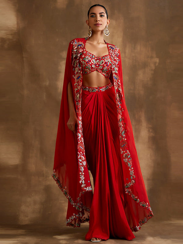 Red Draped Skirt With Embroidered Crop Top & Cape