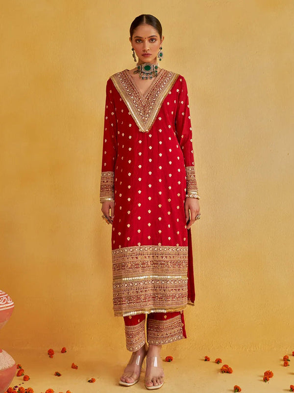 Red Embroidery Sequence Work Chanderi Suit With Striped Dupatta