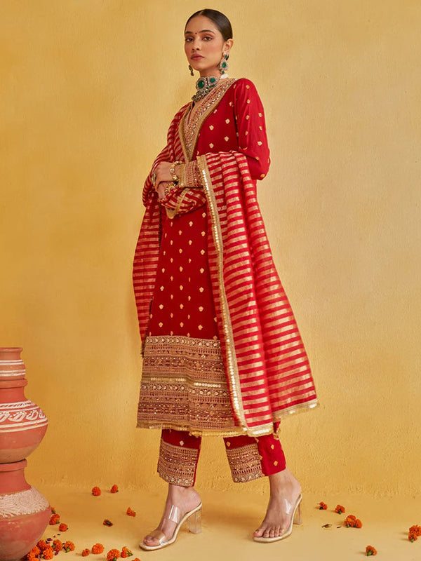Red Embroidery Sequence Work Chanderi Suit With Striped Dupatta