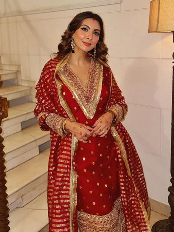 Red Embroidery Sequence Work Chanderi Suit With Striped Dupatta