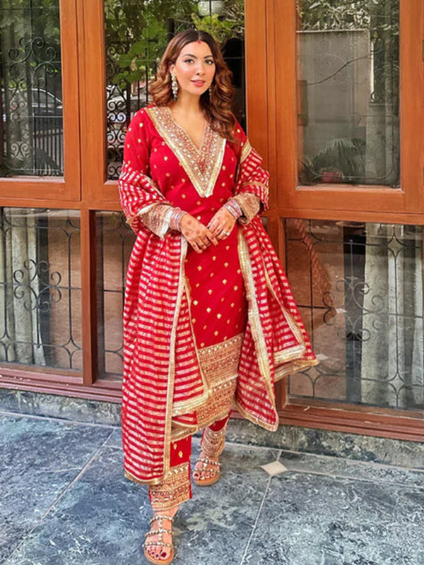 Red Embroidery Sequence Work Chanderi Suit With Striped Dupatta