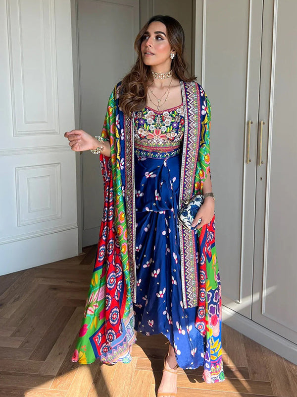 Indica Dhoti Skirt Paired With Embriodered Bralette & Cape