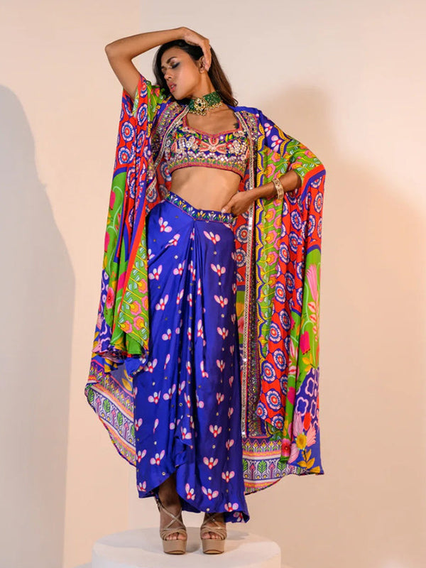 Indica Dhoti Skirt Paired With Embriodered Bralette & Cape