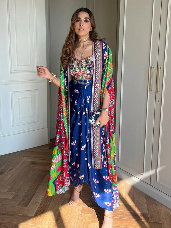 Indica Dhoti Skirt Paired With Embriodered Bralette & Cape