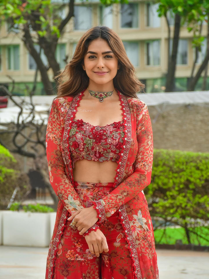 Mrunal Red Blossom Embroidery Work Georgette Co-ord with Jacket