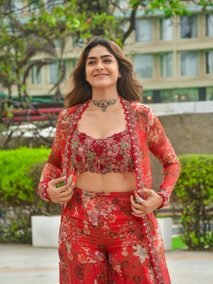 Mrunal Red Blossom Embroidery Work Georgette Co-ord with Jacket