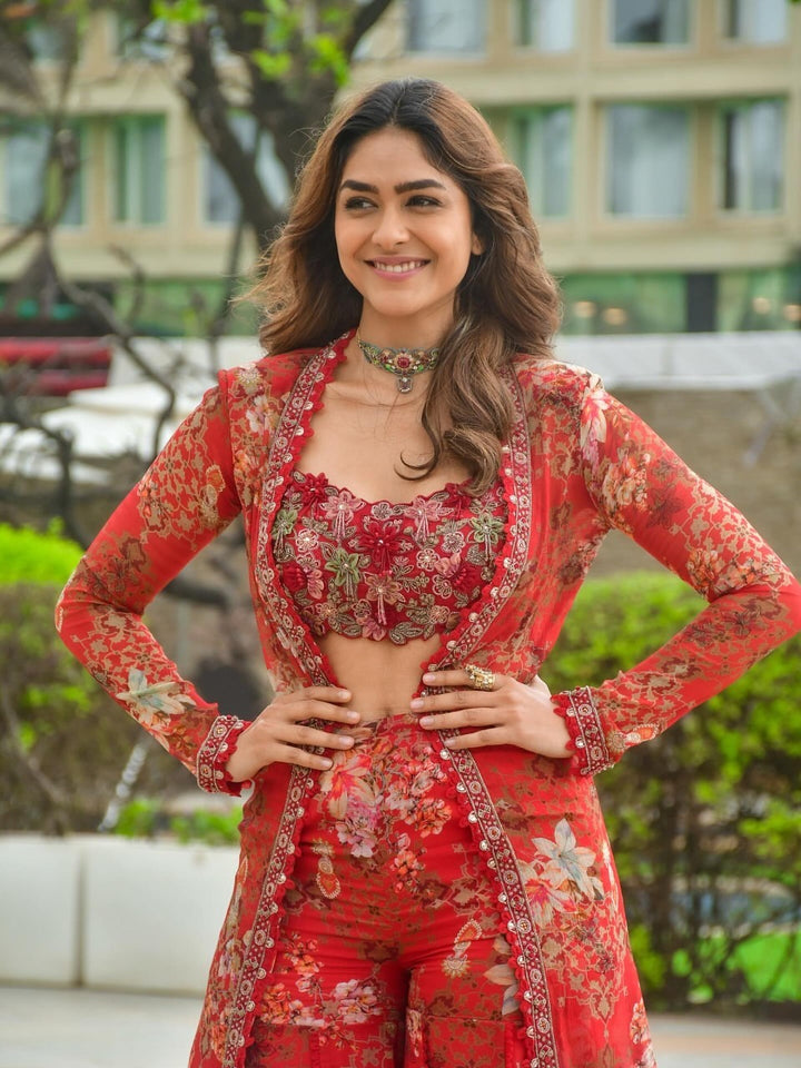 Mrunal Red Blossom Embroidery Work Georgette Co-ord with Jacket