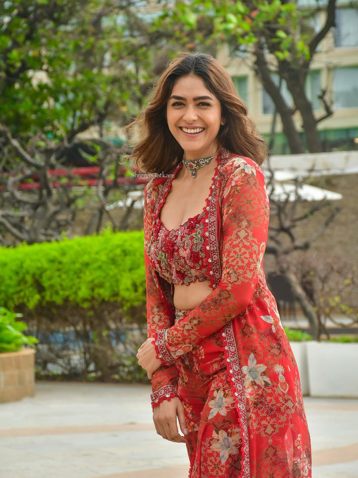 Mrunal Red Blossom Embroidery Work Georgette Co-ord with Jacket