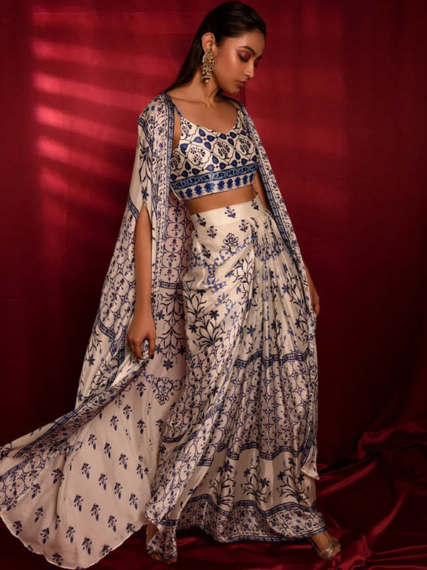 White Satin Georgette Moroccan Print Dhoti Skirt Set