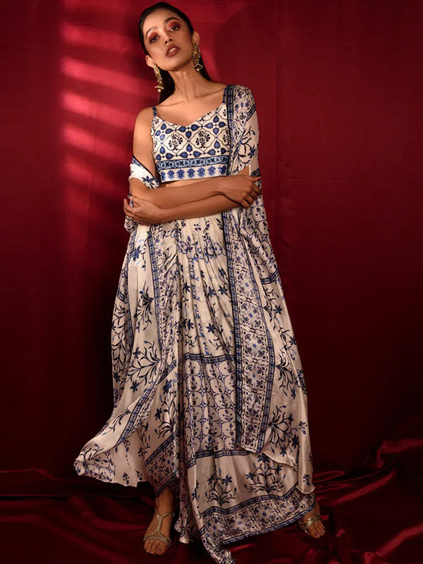 White Satin Georgette Moroccan Print Dhoti Skirt Set