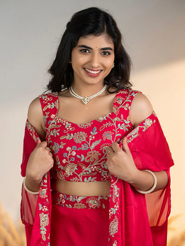 Pink Multi Embroidery Work Lehenga Choli With Shrug