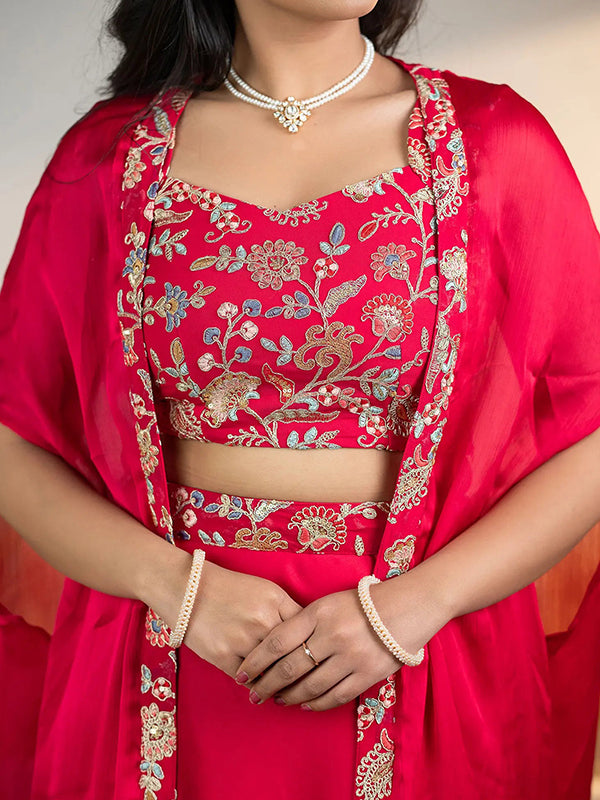 Pink Multi Embroidery Work Lehenga Choli With Shrug